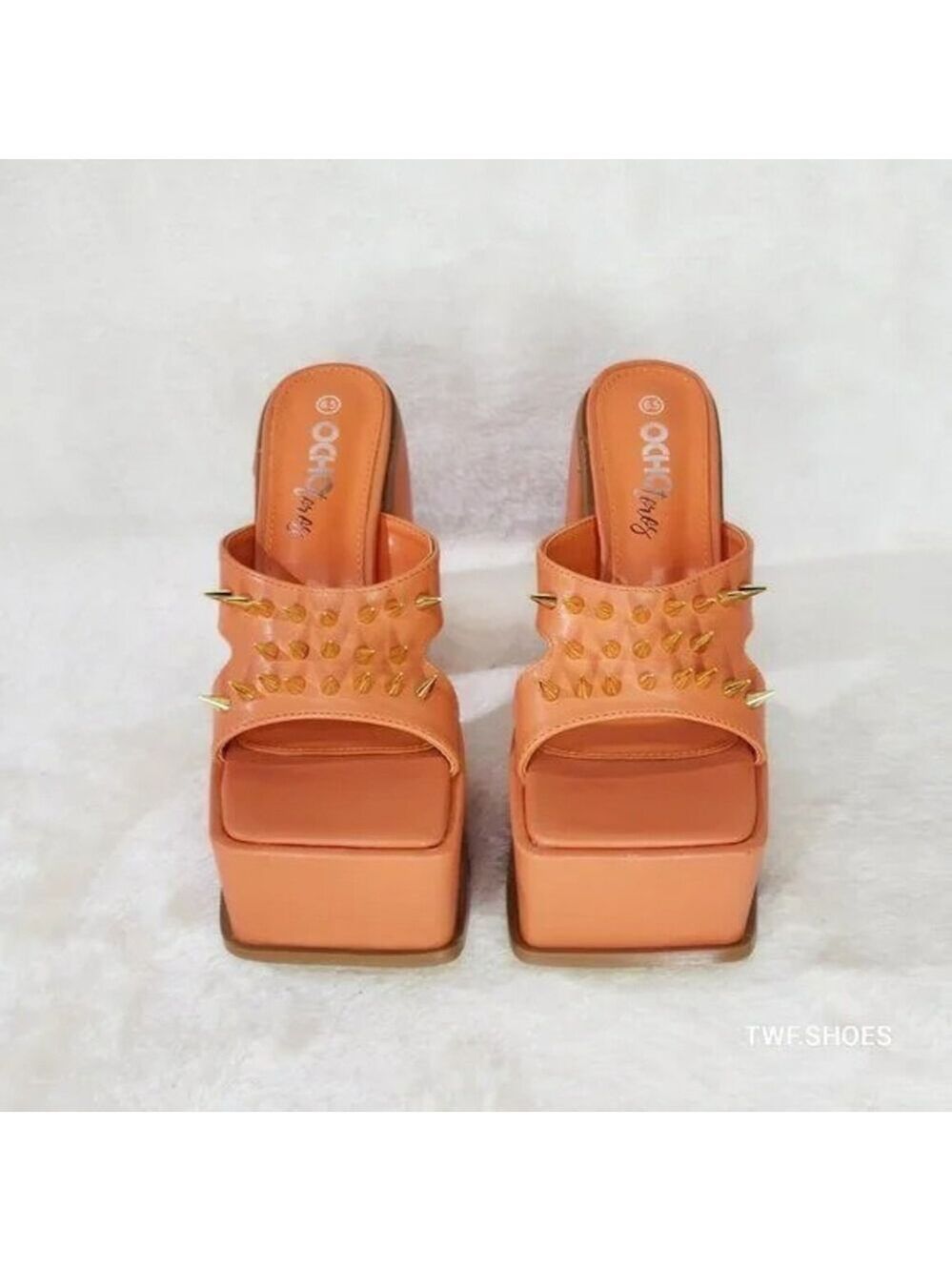 NIB Orange Slip On Square Open Toe Chunky Platform Sandals Spikes Ocho Goth